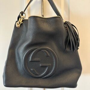 Gucci Black Leather Shoulder Bag with Gold Accents